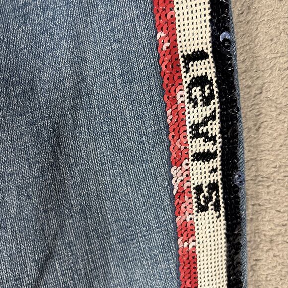Levi's 721 Premium High Rise Denim Jean Skinny Sz 33 Sequin Logo Stripes Raw Hem - Picture 5 of 16